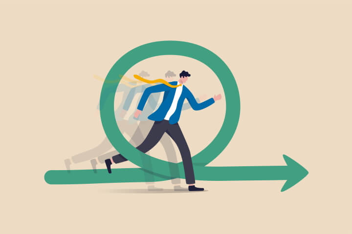 Abstract agile methodology concept drawing. Shows a man in a loop with an arrow pointing forward