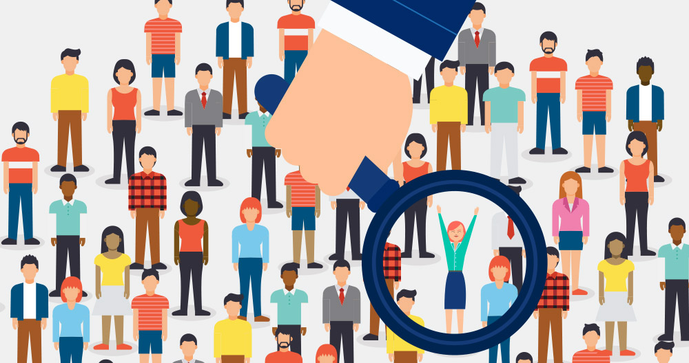 Digital illustration of magnifying glass over a crowd of people