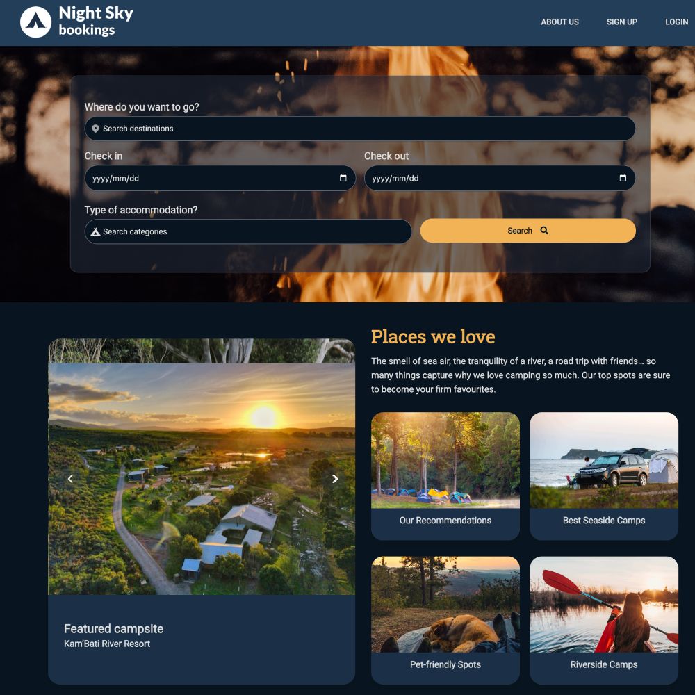 Screenshot of Night Sky Bookings camping directory and bookings website developed by KRS