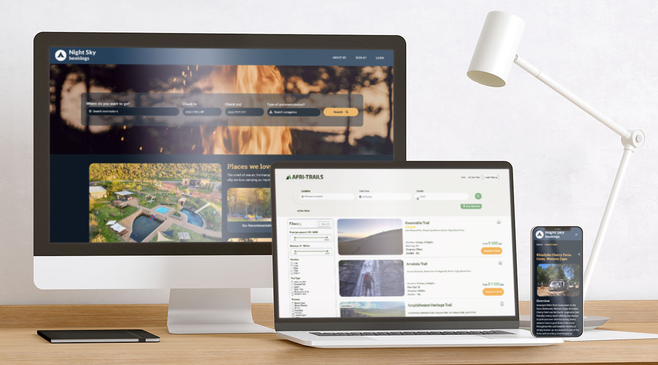 Various devices showing online bookings done via KRS RoomSeeker software on AfriTrails and Night Sky Bookings