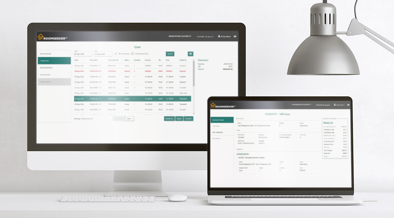 RoomSeeker Finance Module web app software by KRS displayed on a iMac and MacBook